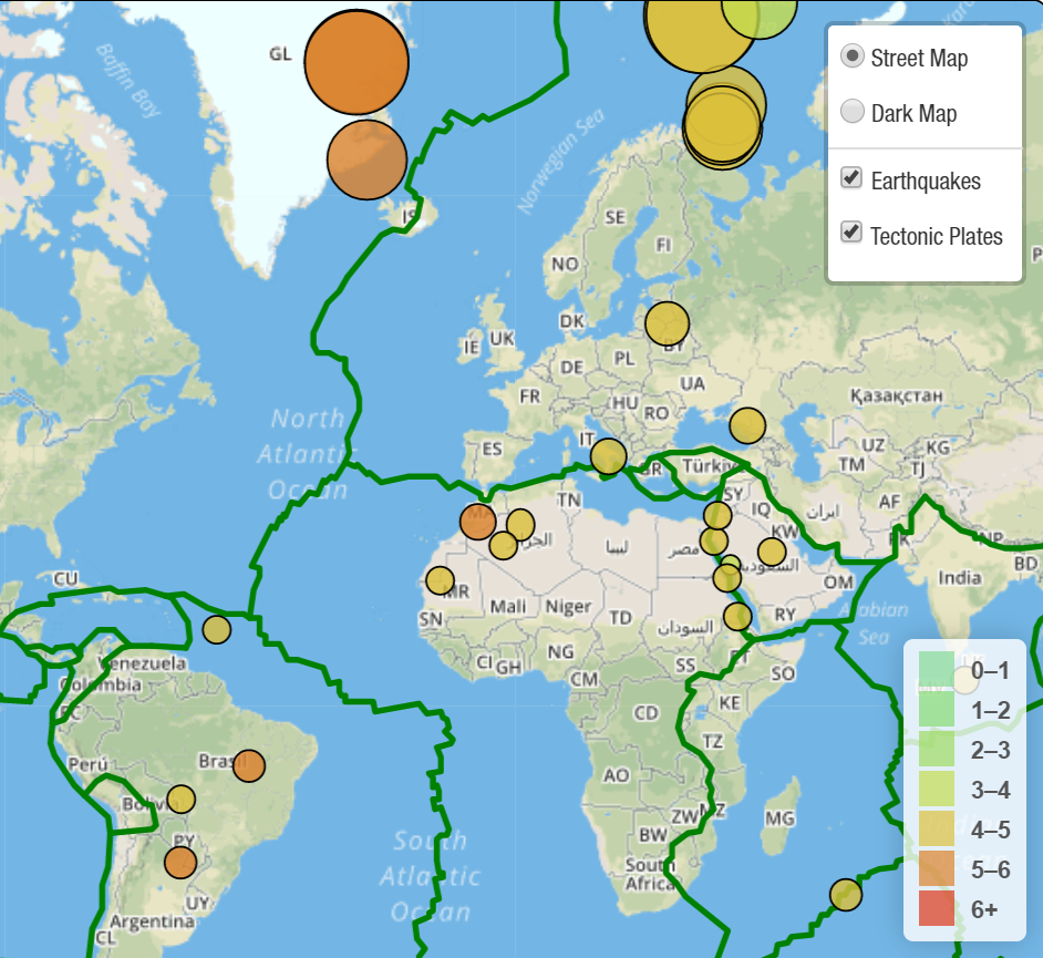 Map of the world with earthquakes marked